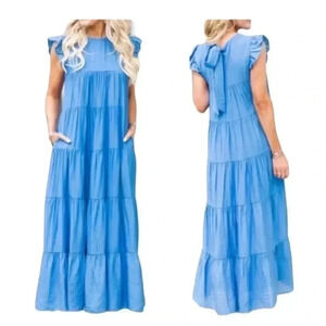 La Ven Boutique Lara Dress Tiered Maxi Dress Cap Sleeve Ruffle Casual